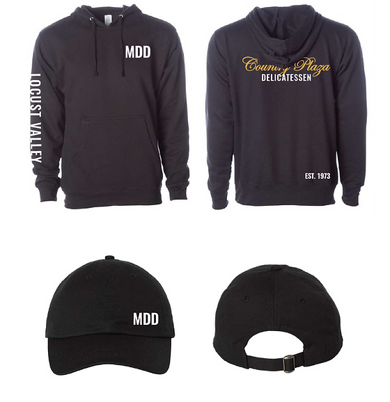 Black Country Plaza Deli hoodie, front and back, with black MDD cap