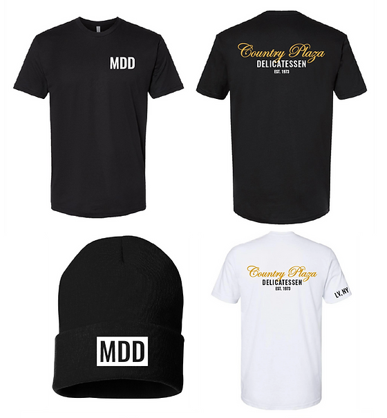 Country Plaza Deli black and white T-shirts, black MDD beanie
